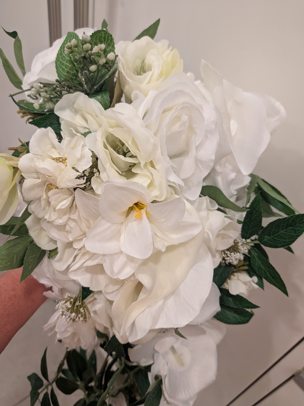 Bridal White Cascading Faux Bouquet with Greenery - Picture 11 of 13